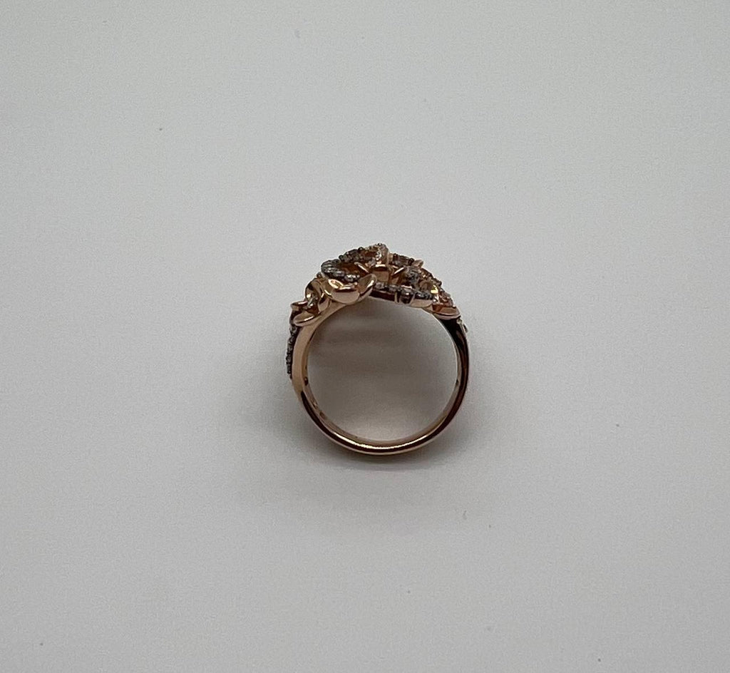 Gold Flower Design Looped White Brown Diamonds Statement Floral Design Full Ring