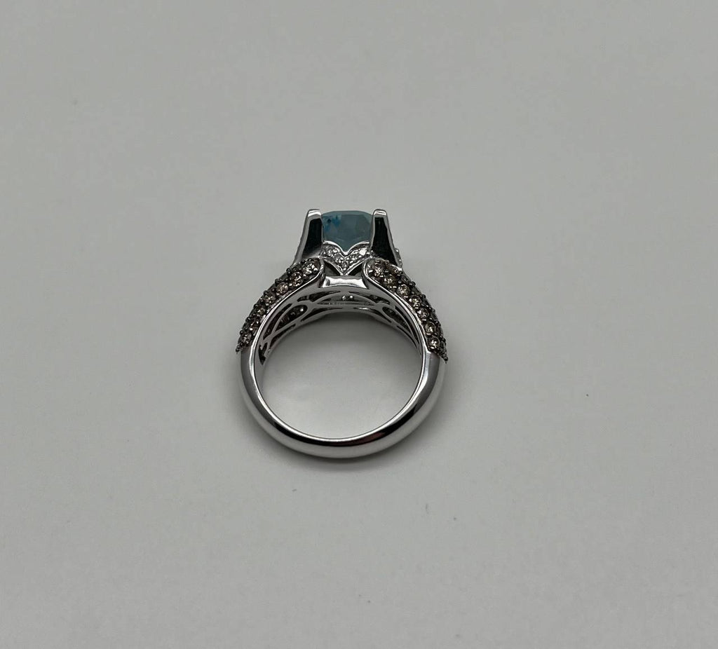 Cushion Blue Aquamarine Diamond Pave Set 14K White Gold Statement Cocktail Ring
