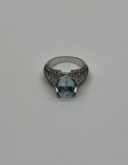 Cushion Blue Aquamarine Diamond Pave Set 14K White Gold Statement Cocktail Ring