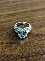 Cushion Blue Aquamarine Diamond Pave Set 14K White Gold Statement Cocktail Ring