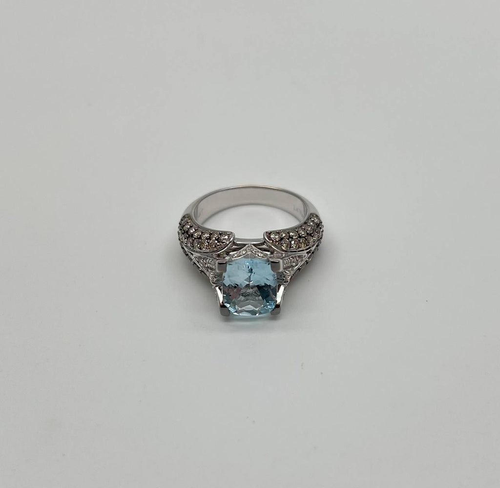 Cushion Blue Aquamarine Diamond Pave Set 14K White Gold Statement Cocktail Ring