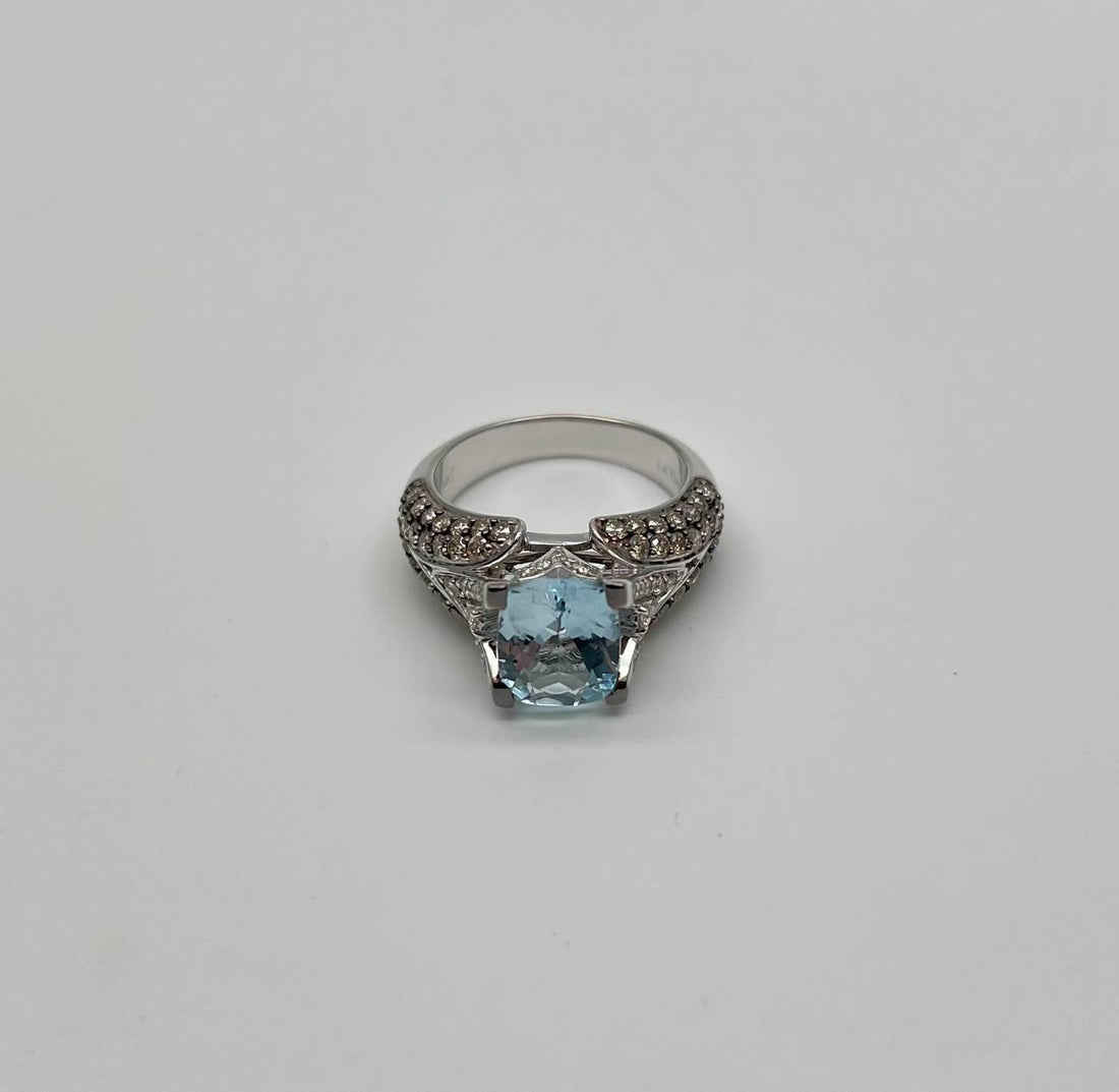 Cushion Blue Aquamarine Diamond Pave Set 14K White Gold Statement Cocktail Ring