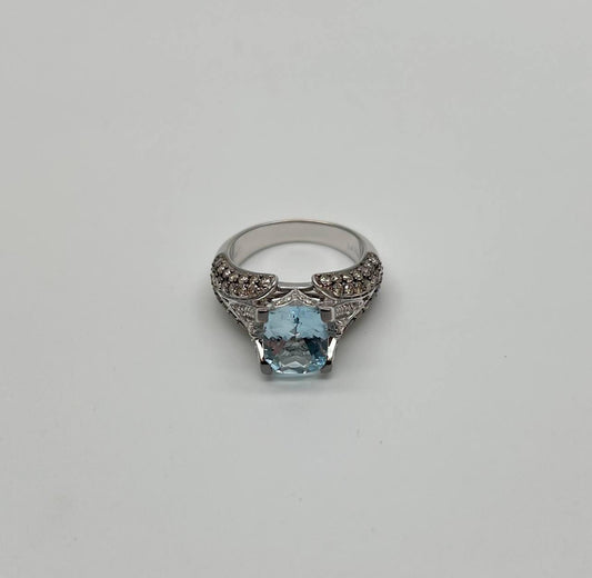 Cushion Blue Aquamarine Diamond Pave Set 14K White Gold Statement Cocktail Ring