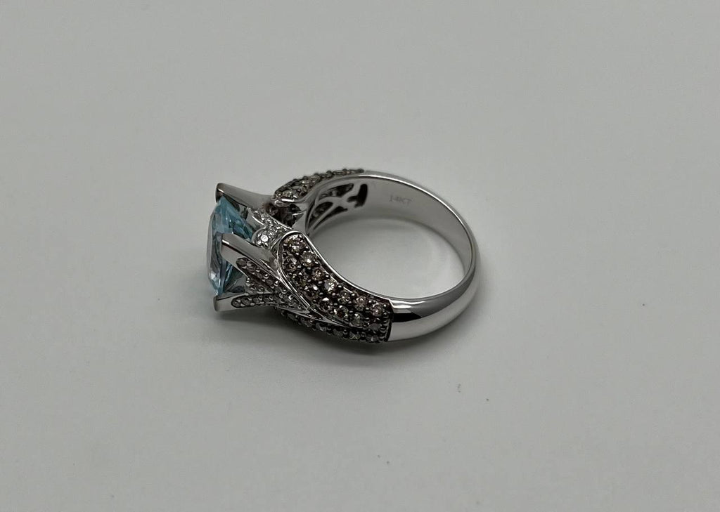 Cushion Blue Aquamarine Diamond Pave Set 14K White Gold Statement Cocktail Ring