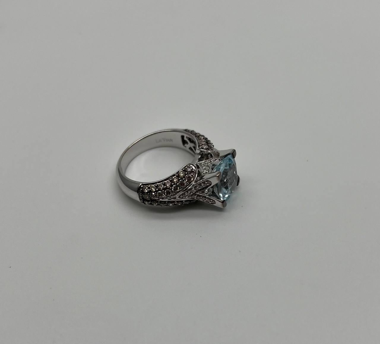 Cushion Blue Aquamarine Diamond Pave Set 14K White Gold Statement Cocktail Ring