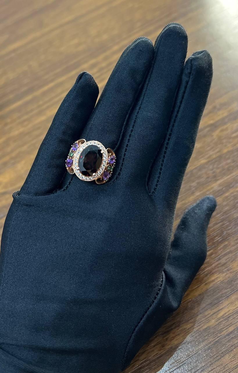 Large Oval Red Garnet Purple Amethyst Green Tsavorite Diamond 14K Rose Gold Ring