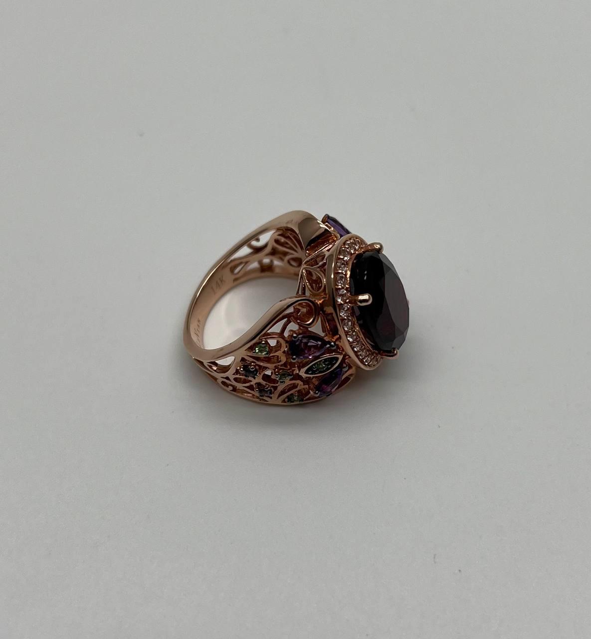 Large Oval Red Garnet Purple Amethyst Green Tsavorite Diamond 14K Rose Gold Ring