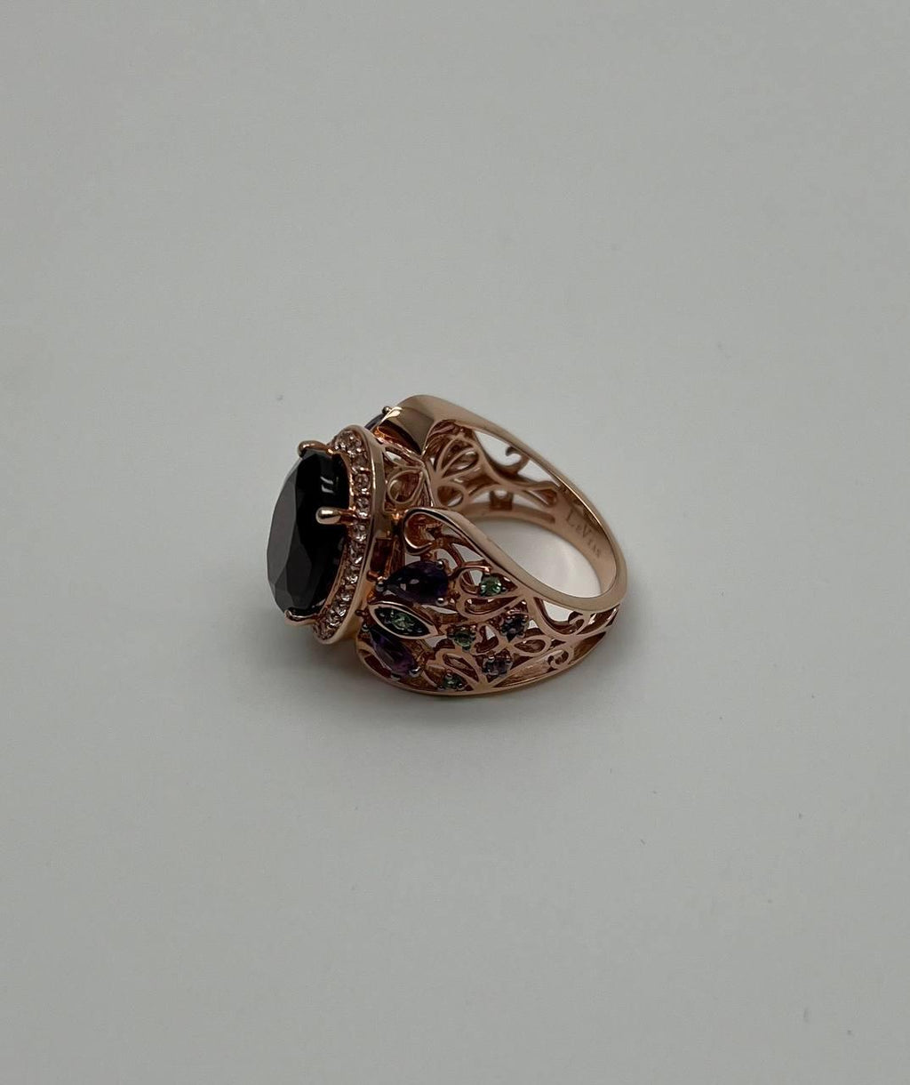 Large Oval Red Garnet Purple Amethyst Green Tsavorite Diamond 14K Rose Gold Ring
