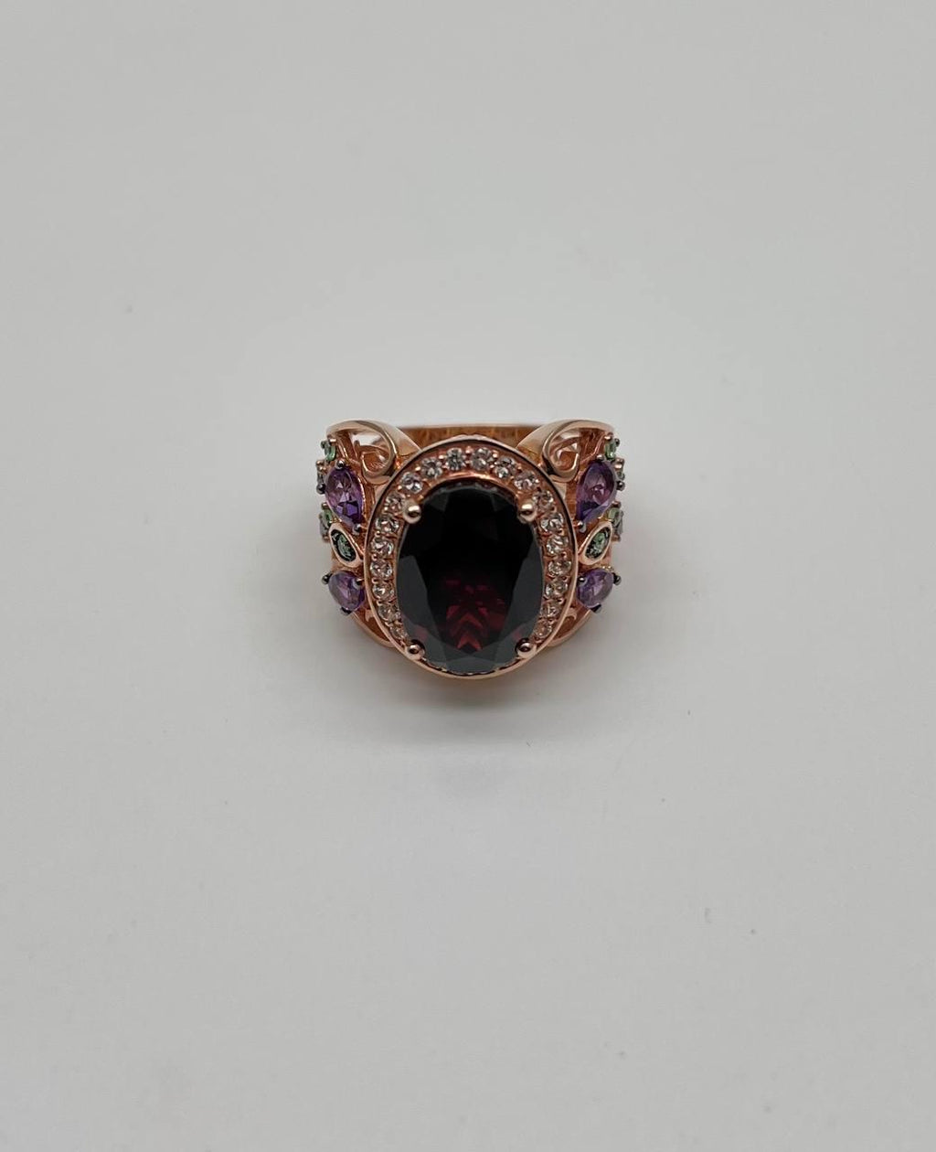 Large Oval Red Garnet Purple Amethyst Green Tsavorite Diamond 14K Rose Gold Ring