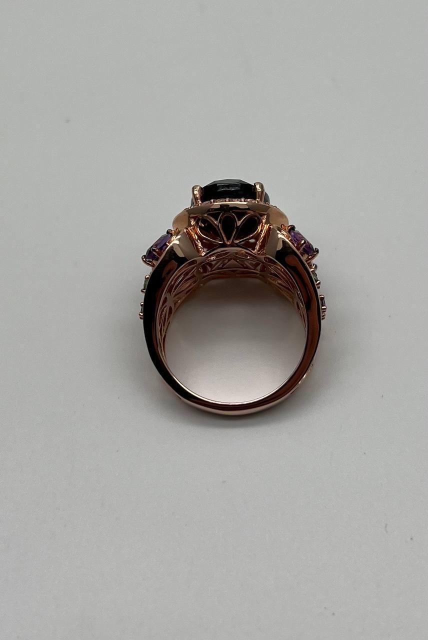 Large Oval Red Garnet Purple Amethyst Green Tsavorite Diamond 14K Rose Gold Ring