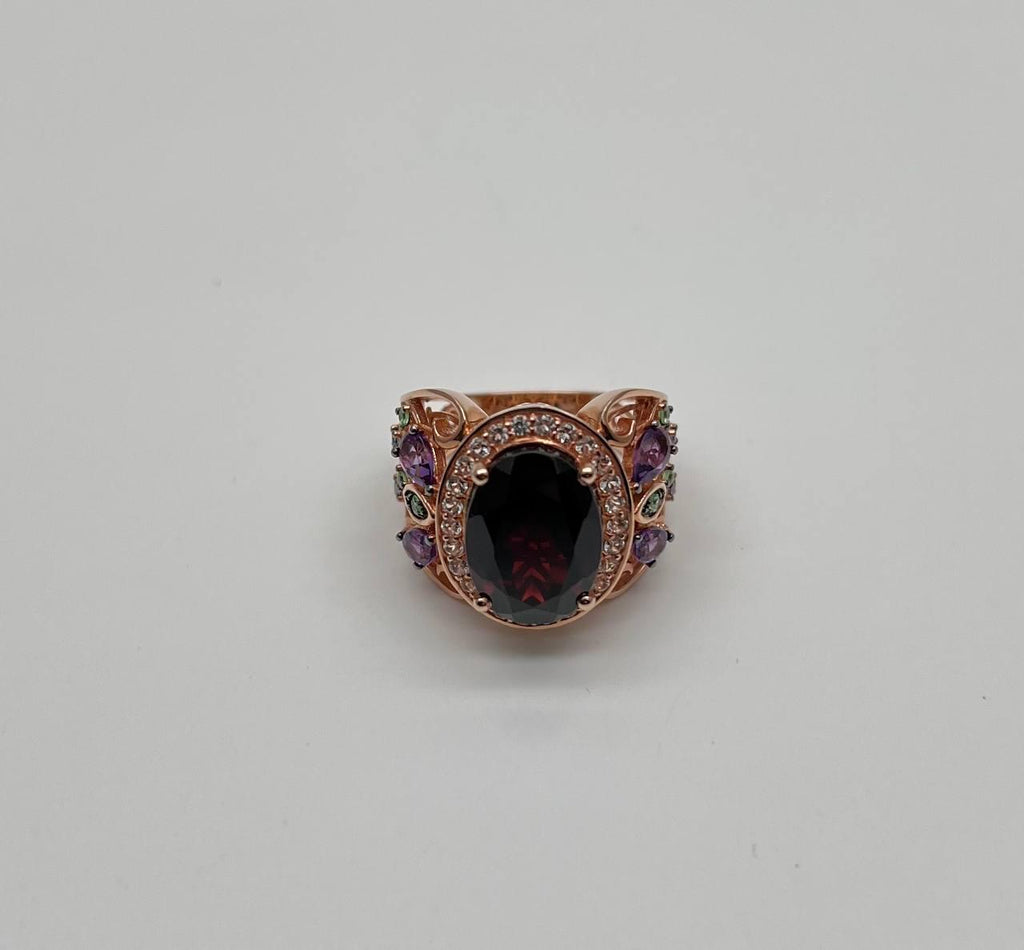 Large Oval Red Garnet Purple Amethyst Green Tsavorite Diamond 14K Rose Gold Ring