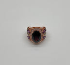 Large Oval Red Garnet Purple Amethyst Green Tsavorite Diamond 14K Rose Gold Ring