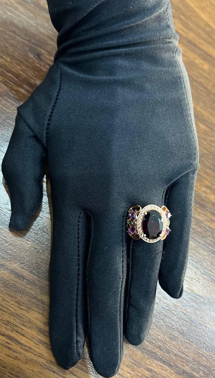 Large Oval Red Garnet Purple Amethyst Green Tsavorite Diamond 14K Rose Gold Ring