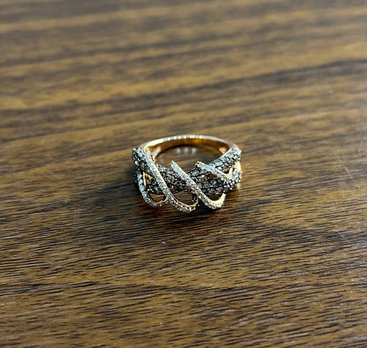 Interwoven Pave Set Champagne Brown White Diamonds 14K Rose Gold Statement Ring