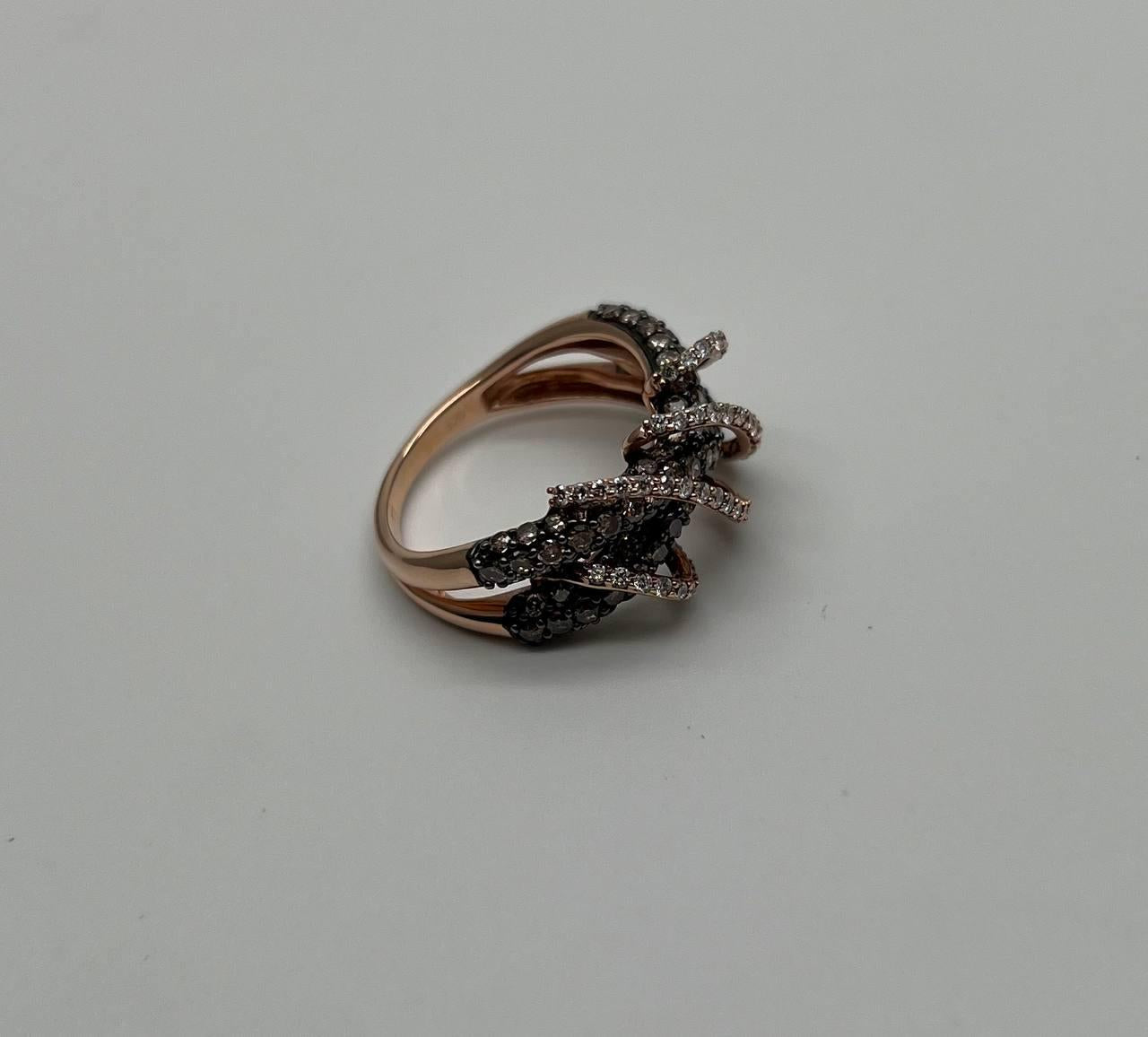 Interwoven Pave Set Champagne Brown White Diamonds 14K Rose Gold Statement Ring