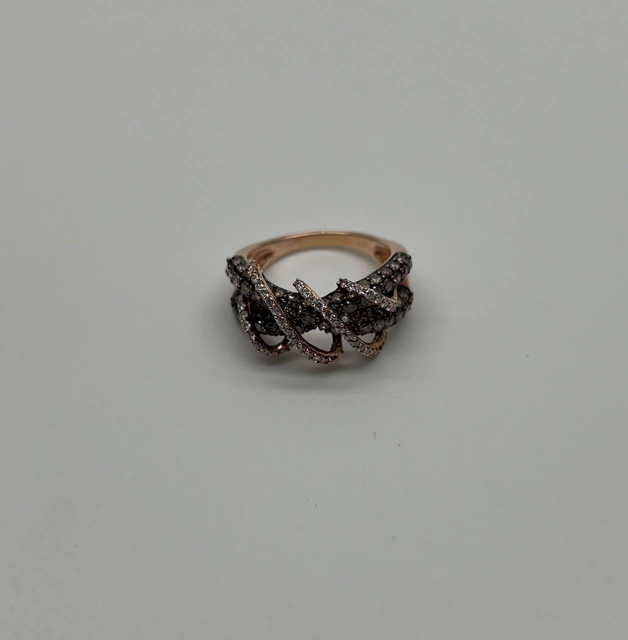 Interwoven Pave Set Champagne Brown White Diamonds 14K Rose Gold Statement Ring