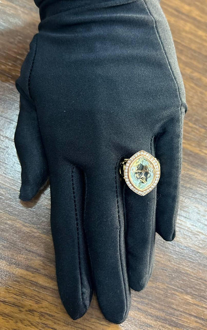 Oval Green Amethyst Prasiolite Halo White Diamonds Halo Gold Statement Ring