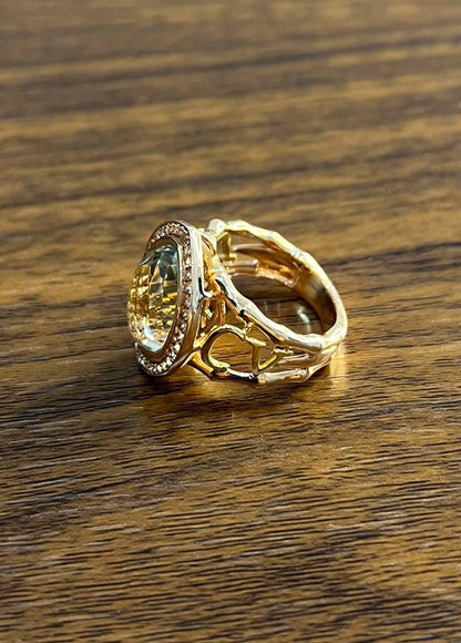 Oval Green Amethyst Prasiolite Halo White Diamonds Halo Gold Statement Ring