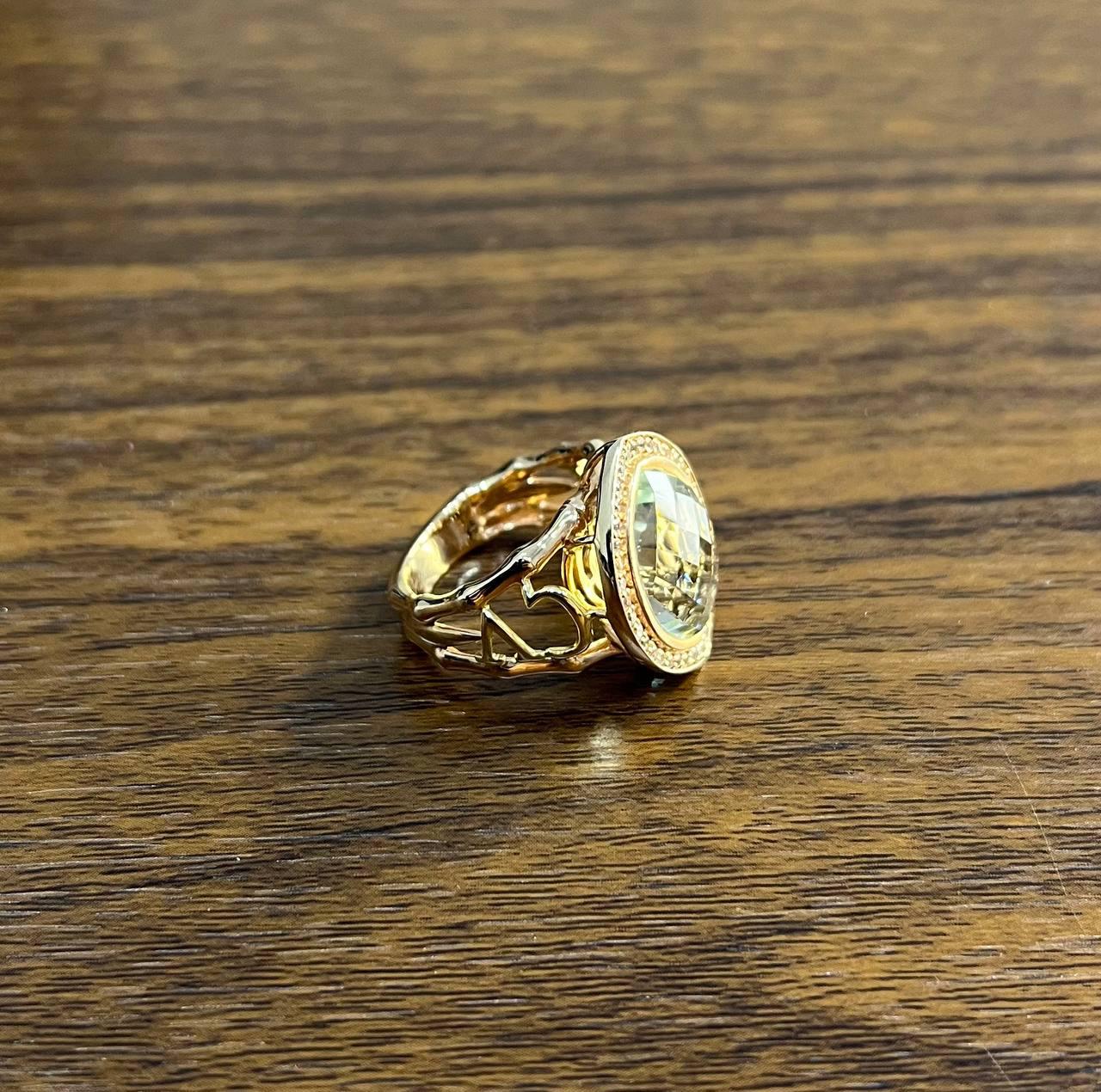 Oval Green Amethyst Prasiolite Halo White Diamonds Halo Gold Statement Ring
