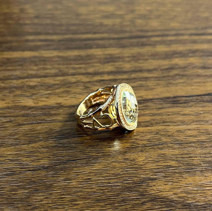 Oval Green Amethyst Prasiolite Halo White Diamonds Halo Gold Statement Ring