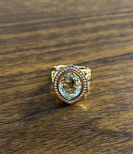 Oval Green Amethyst Prasiolite Halo White Diamonds Halo Gold Statement Ring