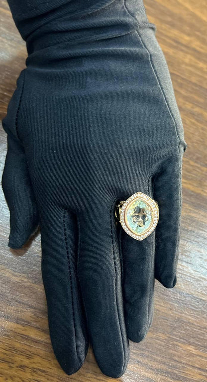 Oval Green Amethyst Prasiolite Halo White Diamonds Halo Gold Statement Ring