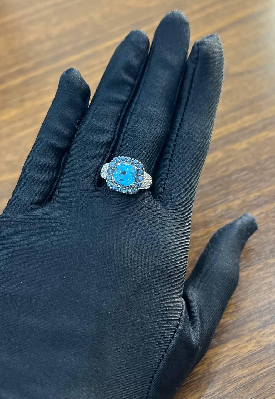 Cushion Shape Blue Topaz Halo Diamonds Pave 14K White Gold Unique Statement Ring