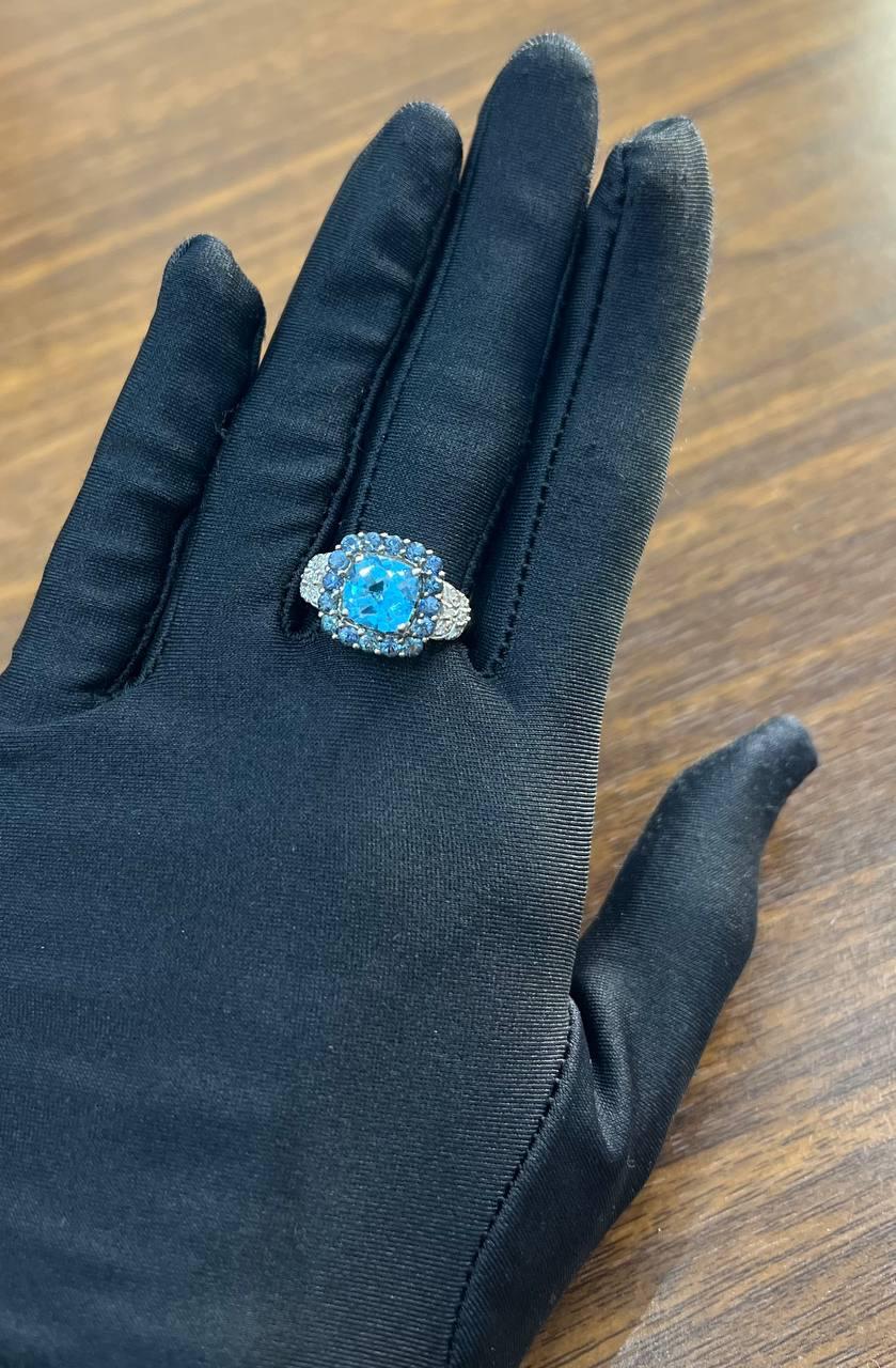 Cushion Shape Blue Topaz Halo Diamonds Pave 14K White Gold Unique Statement Ring