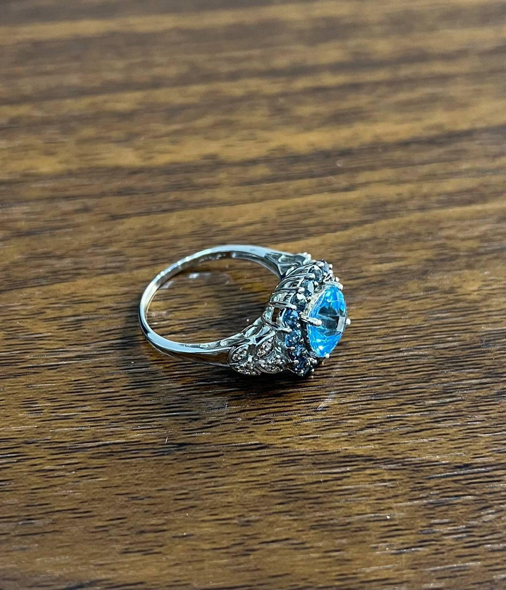 Cushion Shape Blue Topaz Halo Diamonds Pave 14K White Gold Unique Statement Ring