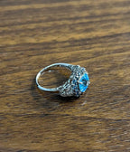 Cushion Shape Blue Topaz Halo Diamonds Pave 14K White Gold Unique Statement Ring