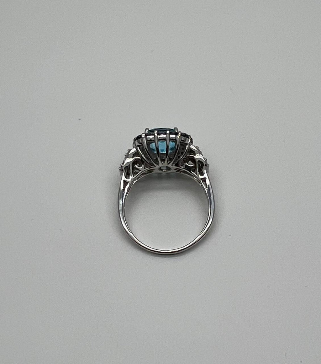 Cushion Shape Blue Topaz Halo Diamonds Pave 14K White Gold Unique Statement Ring
