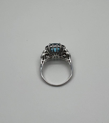 Cushion Shape Blue Topaz Halo Diamonds Pave 14K White Gold Unique Statement Ring