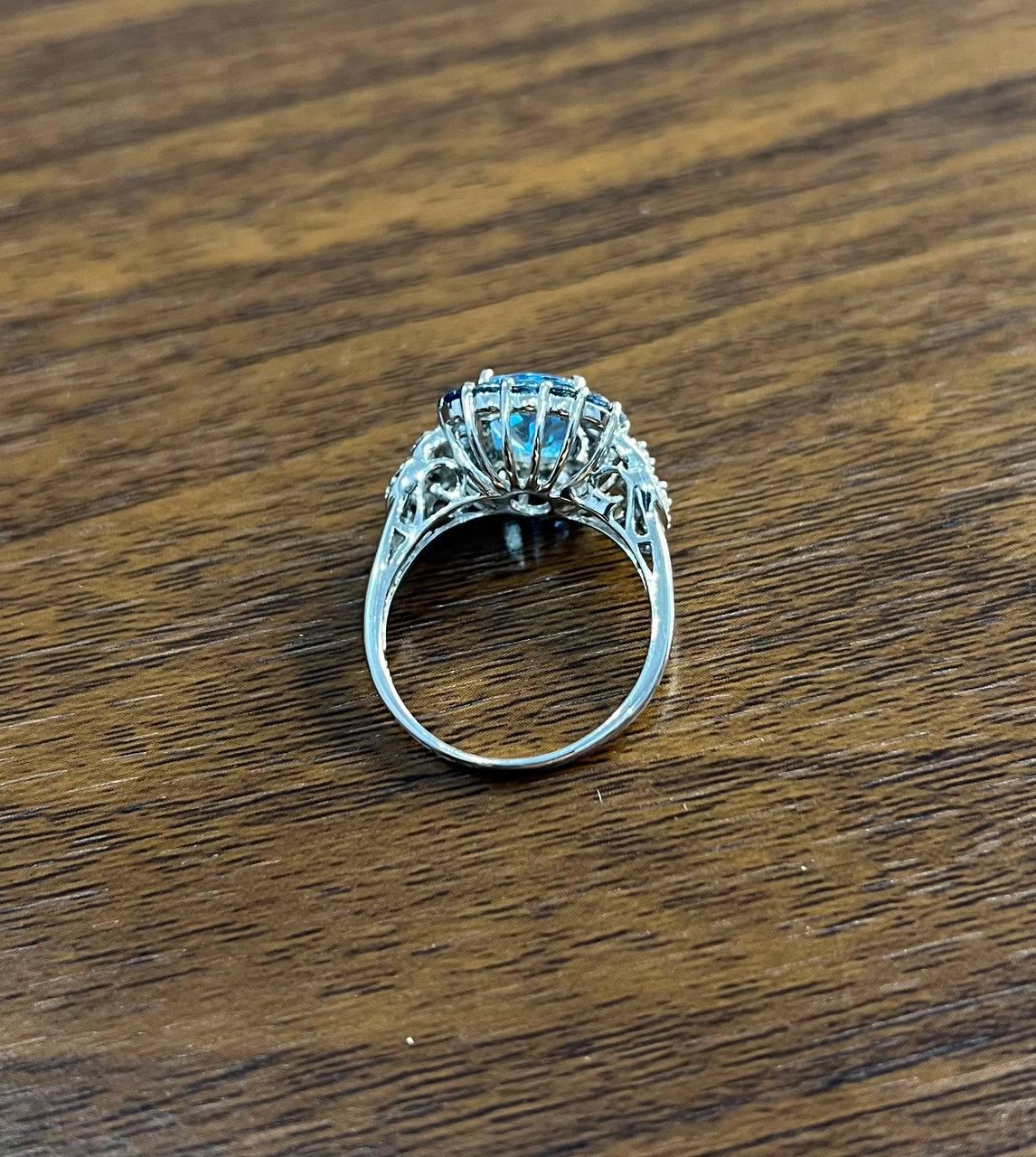 Cushion Shape Blue Topaz Halo Diamonds Pave 14K White Gold Unique Statement Ring