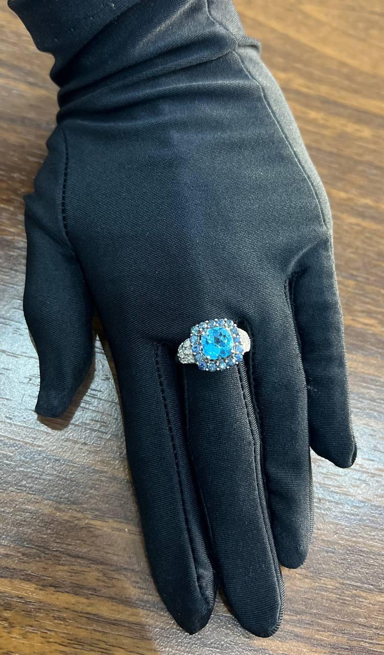 Cushion Shape Blue Topaz Halo Diamonds Pave 14K White Gold Unique Statement Ring