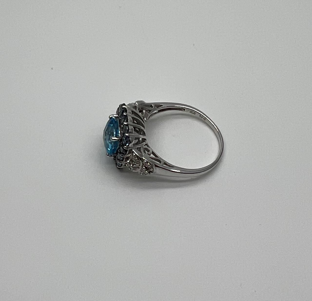 Cushion Shape Blue Topaz Halo Diamonds Pave 14K White Gold Unique Statement Ring