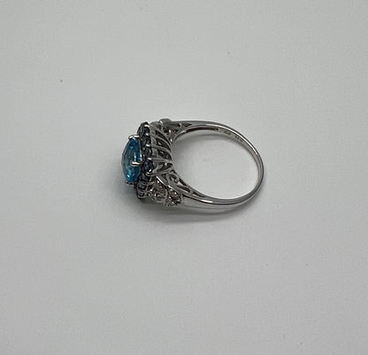Cushion Shape Blue Topaz Halo Diamonds Pave 14K White Gold Unique Statement Ring