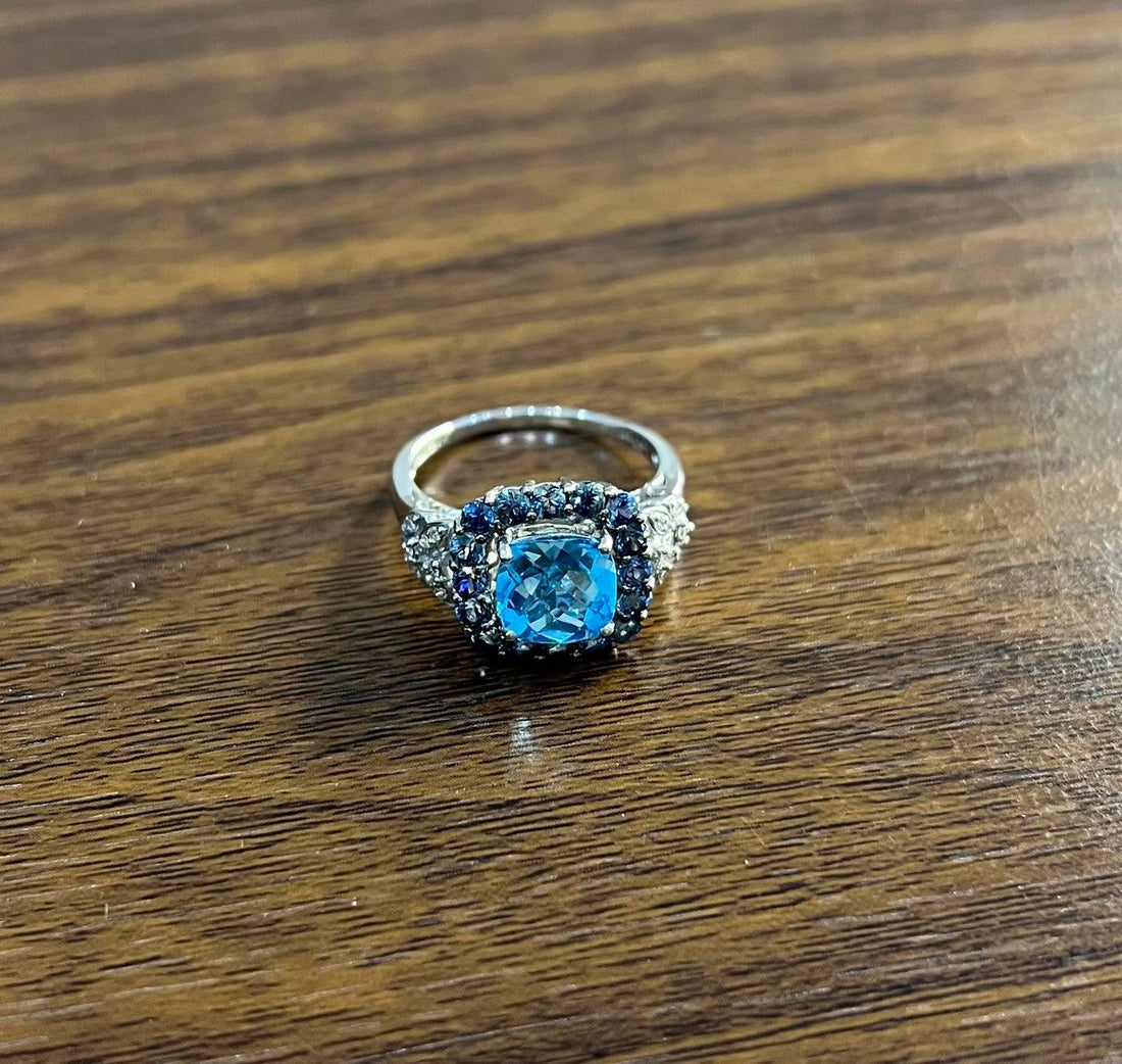 Cushion Shape Blue Topaz Halo Diamonds Pave 14K White Gold Unique Statement Ring