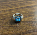 Cushion Shape Blue Topaz Halo Diamonds Pave 14K White Gold Unique Statement Ring