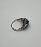Cushion Shape Blue Topaz Halo Diamonds Pave 14K White Gold Unique Statement Ring