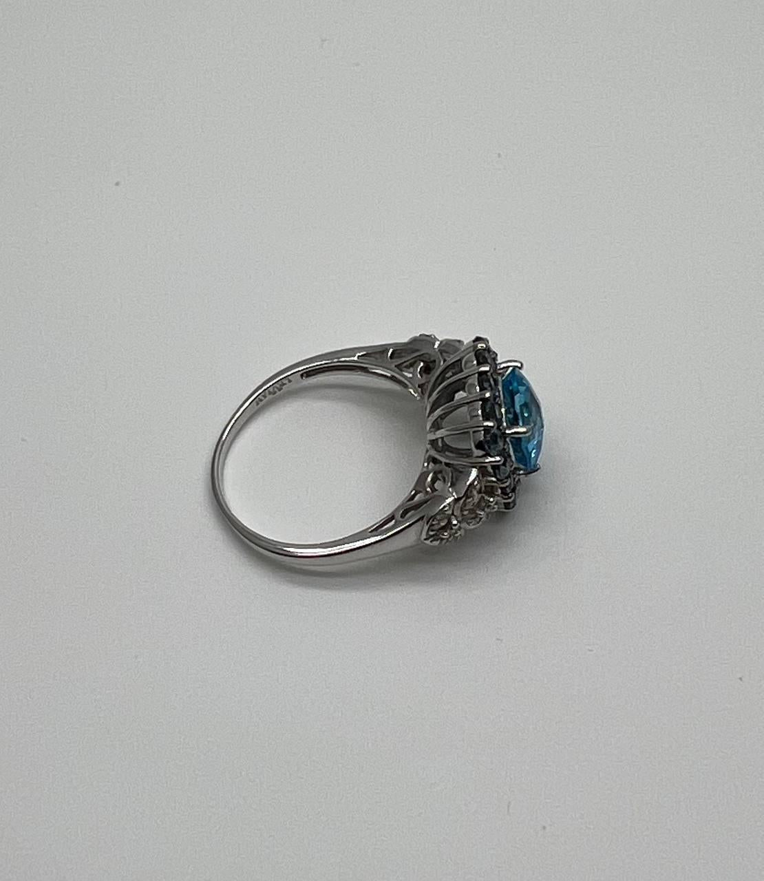 Cushion Shape Blue Topaz Halo Diamonds Pave 14K White Gold Unique Statement Ring