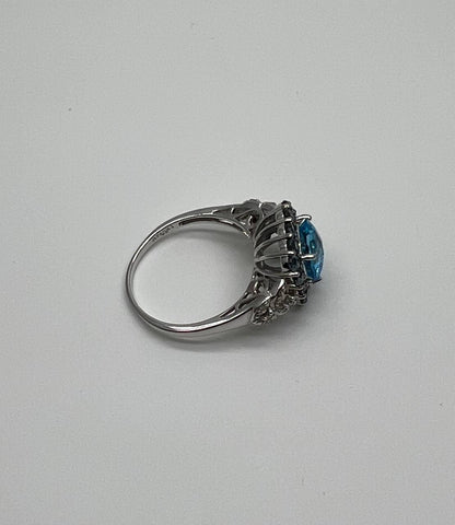 Cushion Shape Blue Topaz Halo Diamonds Pave 14K White Gold Unique Statement Ring