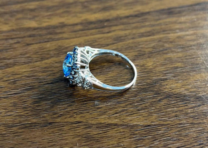 Cushion Shape Blue Topaz Halo Diamonds Pave 14K White Gold Unique Statement Ring
