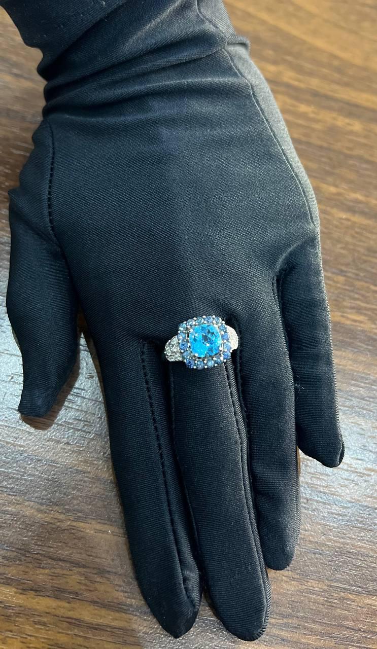 Cushion Shape Blue Topaz Halo Diamonds Pave 14K White Gold Unique Statement Ring