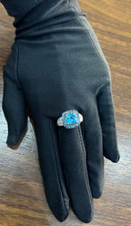 Cushion Shape Blue Topaz Halo Diamonds Pave 14K White Gold Unique Statement Ring