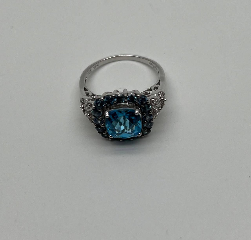 Cushion Shape Blue Topaz Halo Diamonds Pave 14K White Gold Unique Statement Ring