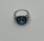 Cushion Shape Blue Topaz Halo Diamonds Pave 14K White Gold Unique Statement Ring