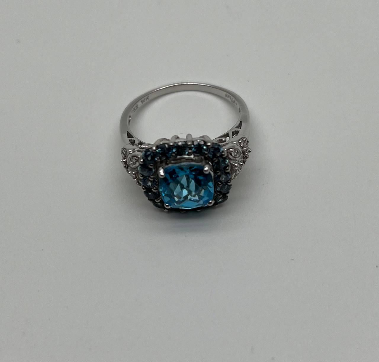 cushion shape blue topaz halo diamonds pave 14k white gold unique statement ring