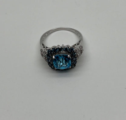 Cushion Shape Blue Topaz Halo Diamonds Pave 14K White Gold Unique Statement Ring