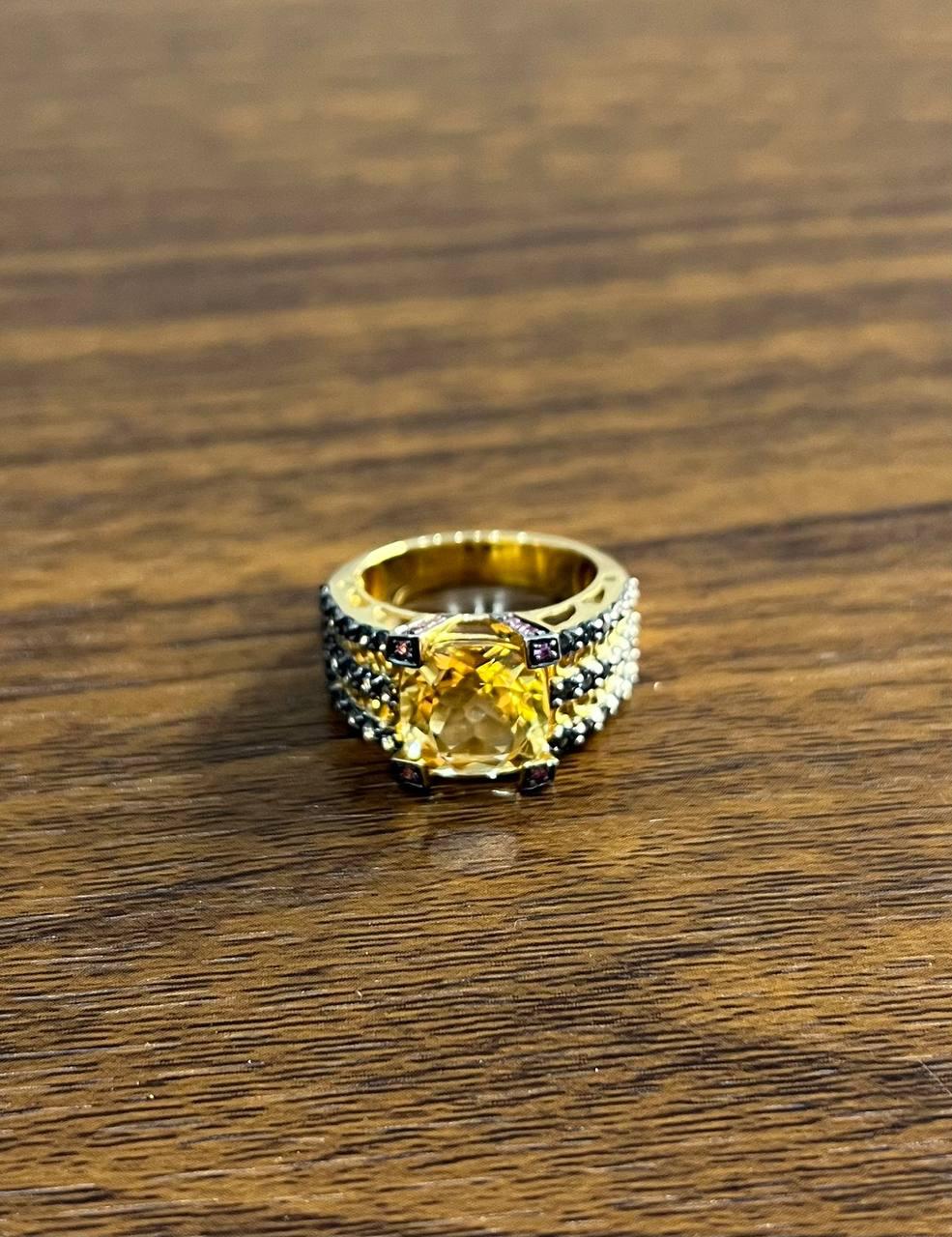 Citrine Pink Sapphire Black Diamond 14K Yellow Gold Statement Cocktail Ring