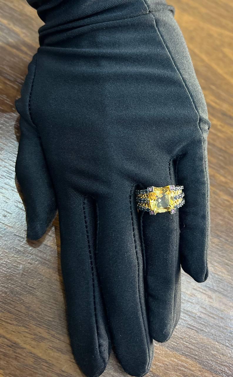 Citrine Pink Sapphire Black Diamond 14K Yellow Gold Statement Cocktail Ring